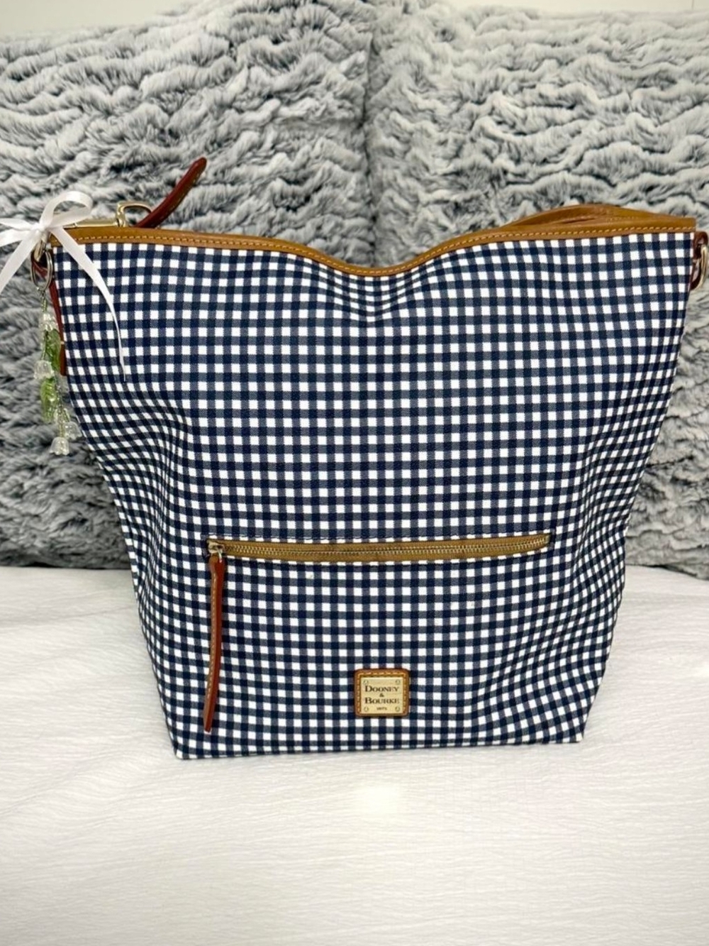 Dooney & Bourke Navy and White Gingham Tote with Tan Trim